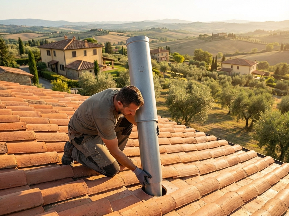Grey roof pipe made from powder-coated steel for industrial use