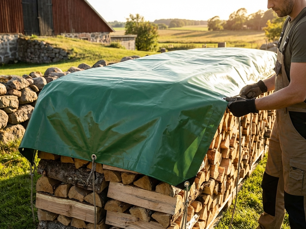 Green PVC tarpaulin, flame retardant, 6x14 m size - view 3