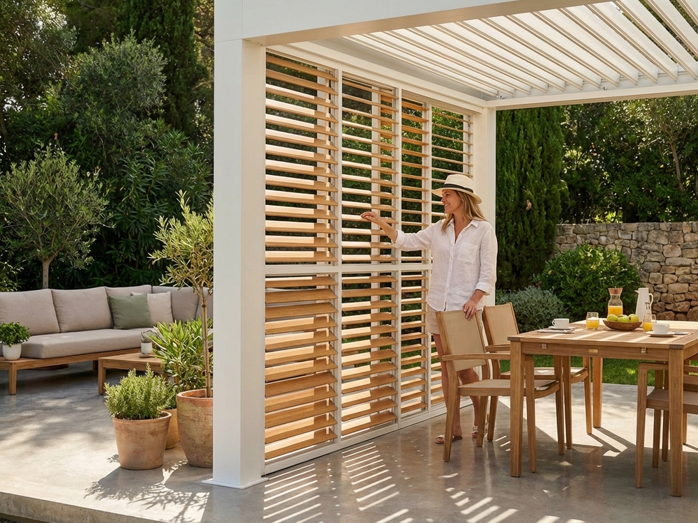 Louvre wall for bioclimatic pergola in wood finish and white aluminium - product detail