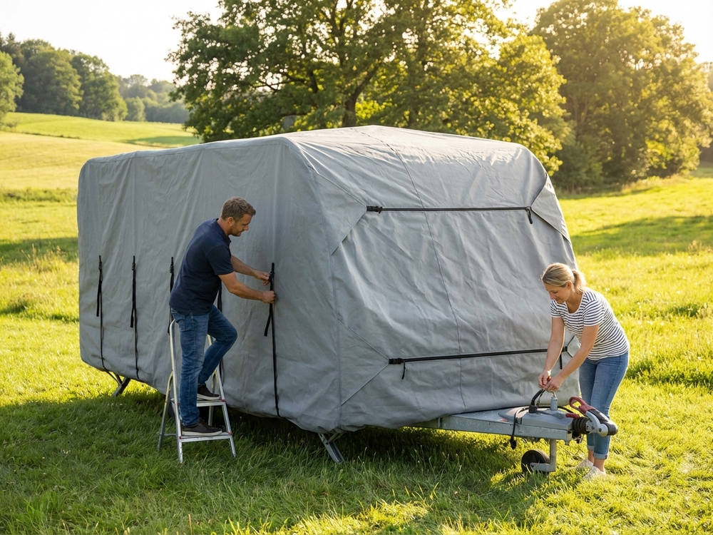 Grey caravan cover 6.4x2.5x2.25 m, outdoor protection