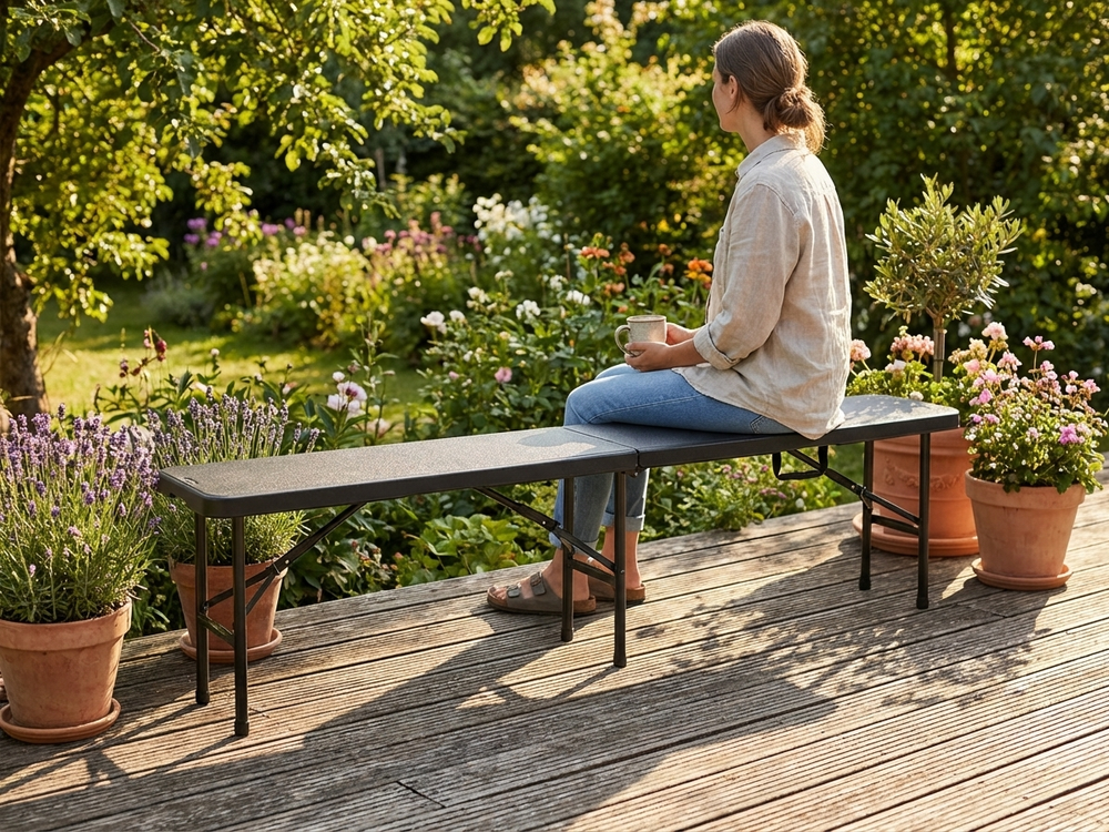 Folding bench in black color made from HDPE and steel, size 183x30x43 cm