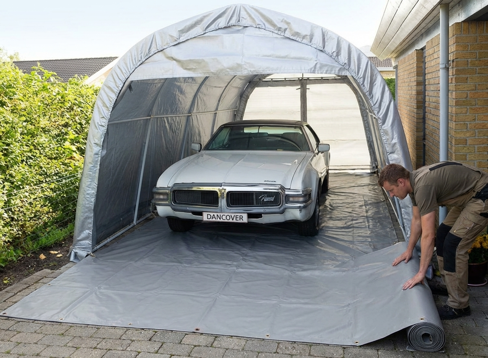 Grey PVC Tarpaulin 3.8x6.1m used as ground cover - product detail