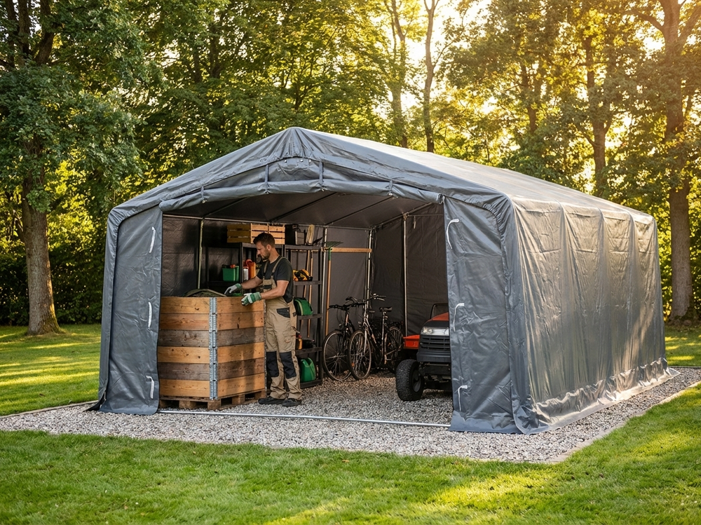 Grey PVC storage shelter with galvanised steel frame - view 3