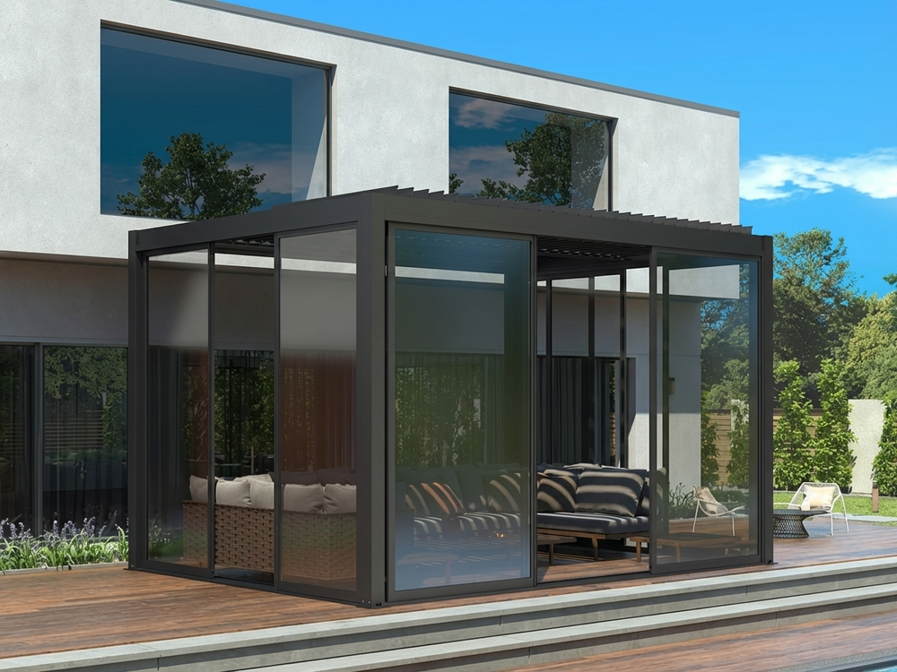 Black Aluminium Pergola Gazebo with sliding doors for outdoor use
