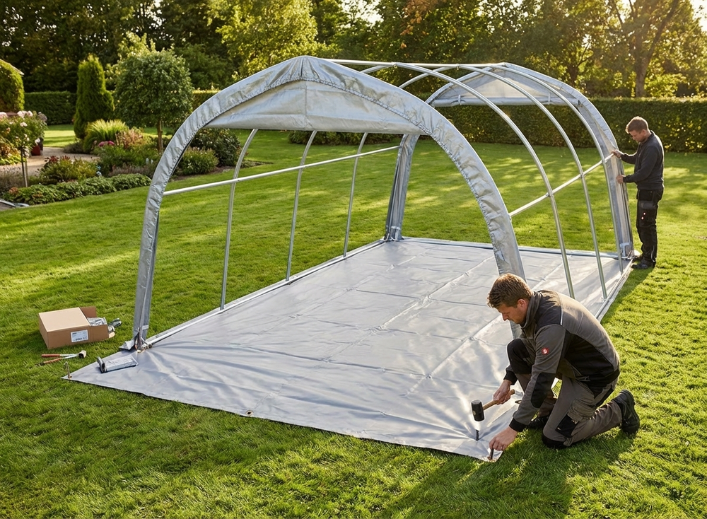 Grey PVC tarpaulin 2.8x5.2 m used as ground cover