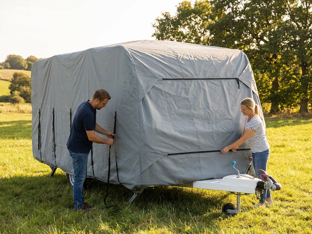Grey caravan cover with dimensions 5.2x2.5x2.25 m, water-resistant