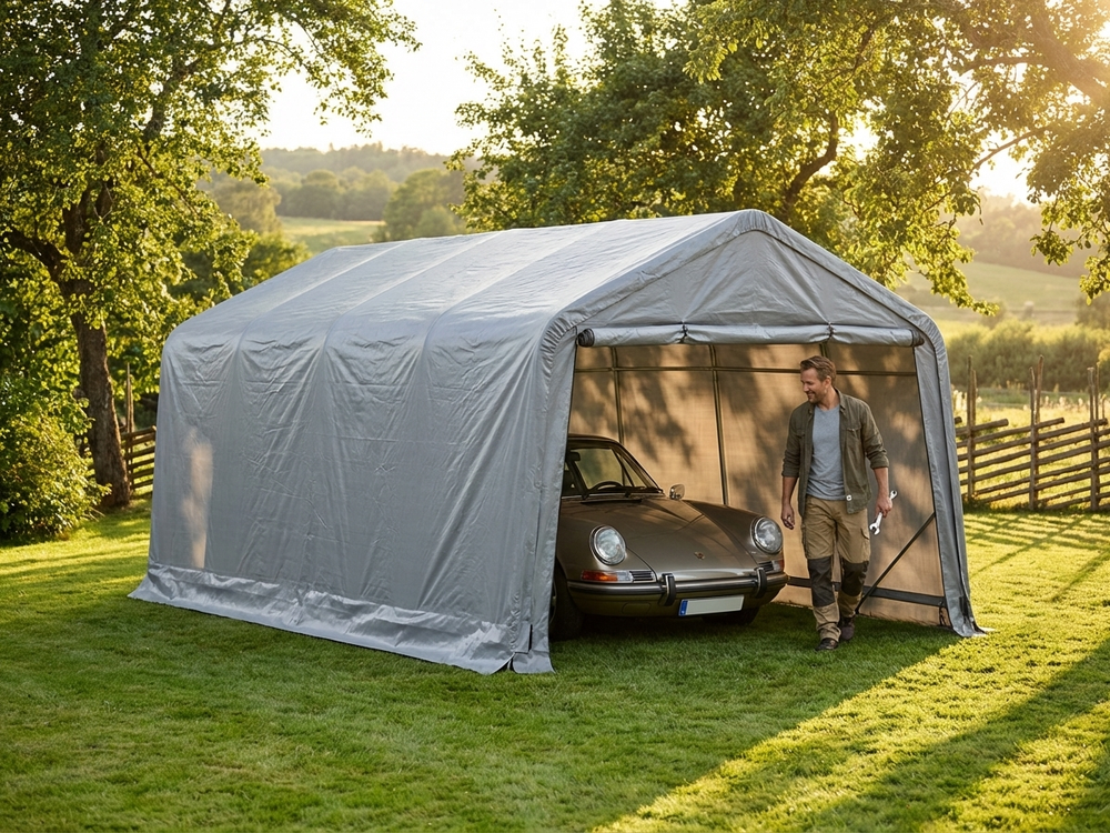 Grey portable garage made of PVC and steel, suitable for outdoor storage - view 3