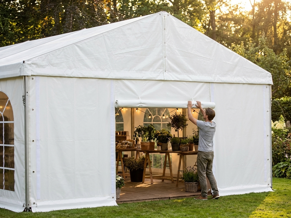 White PVC Endwall with wide door, UV and water-resistant
