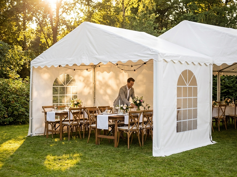 White PVC tent extension with galvanised steel frame for outdoor events