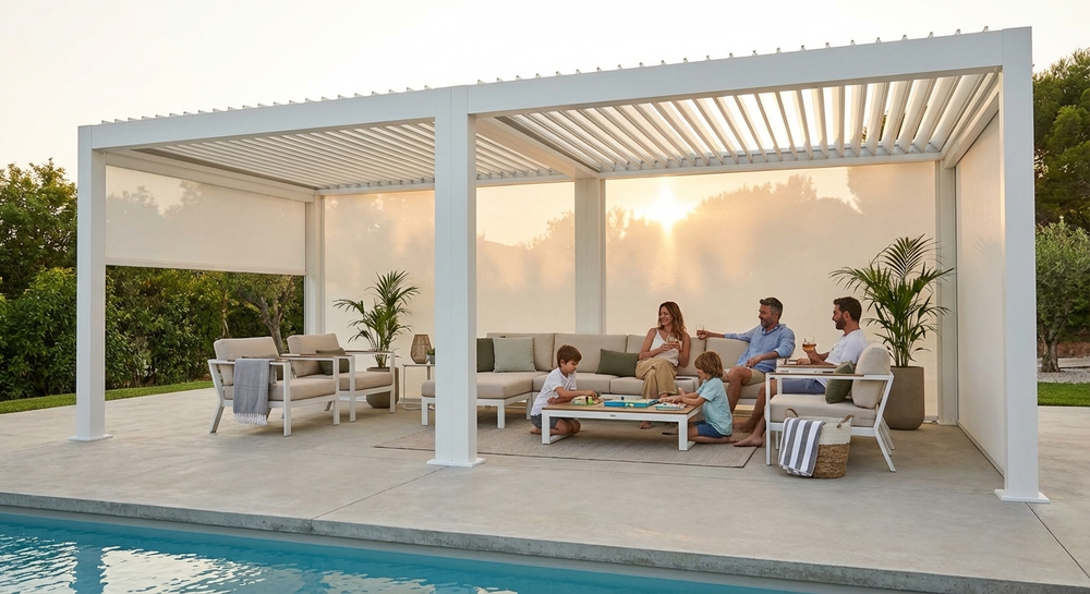 Bioclimatic pergola gazebo in white, aluminium construction, 4x4m - view 3