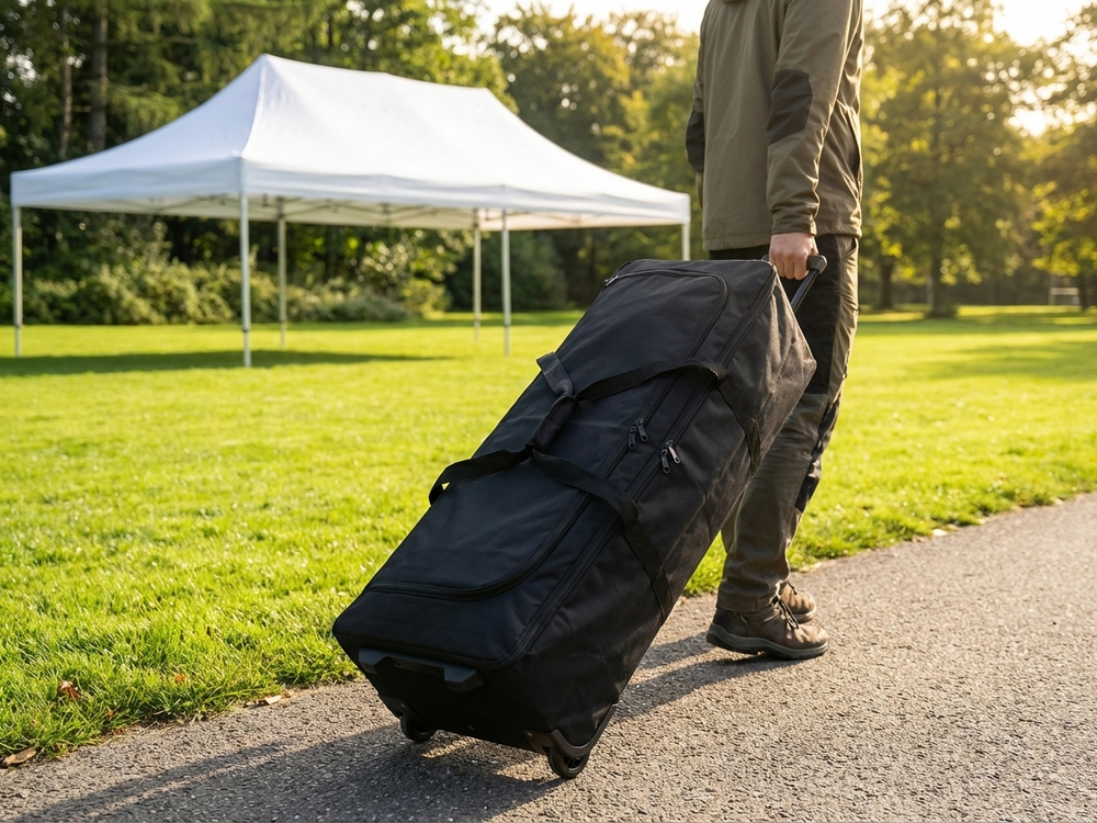 Black carry bag with wheels for outdoor use