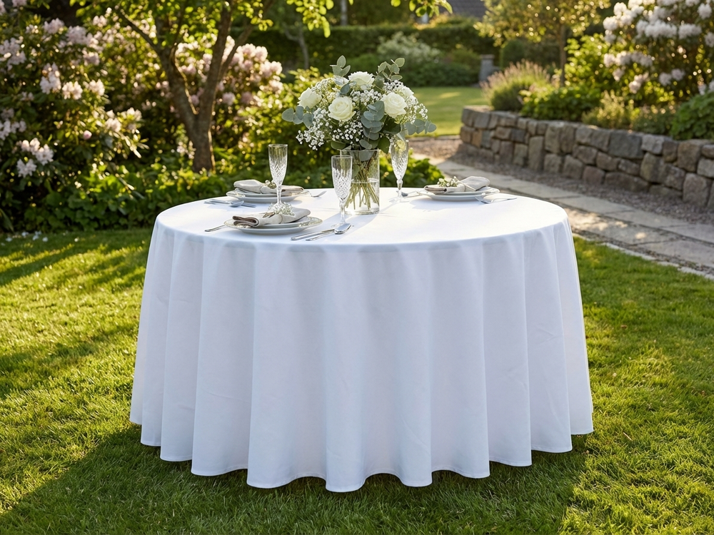 Round white tablecloth made from polyester for indoor and outdoor use