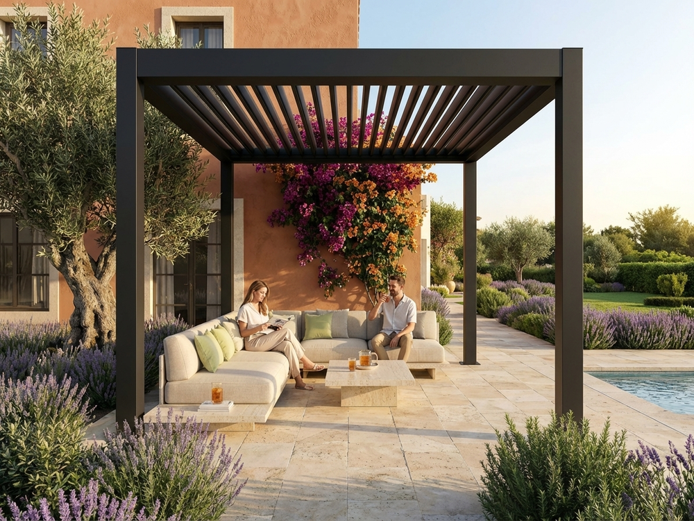 Bioclimatic pergola gazebo in black, 3x3 meters, galvanised steel - view 3