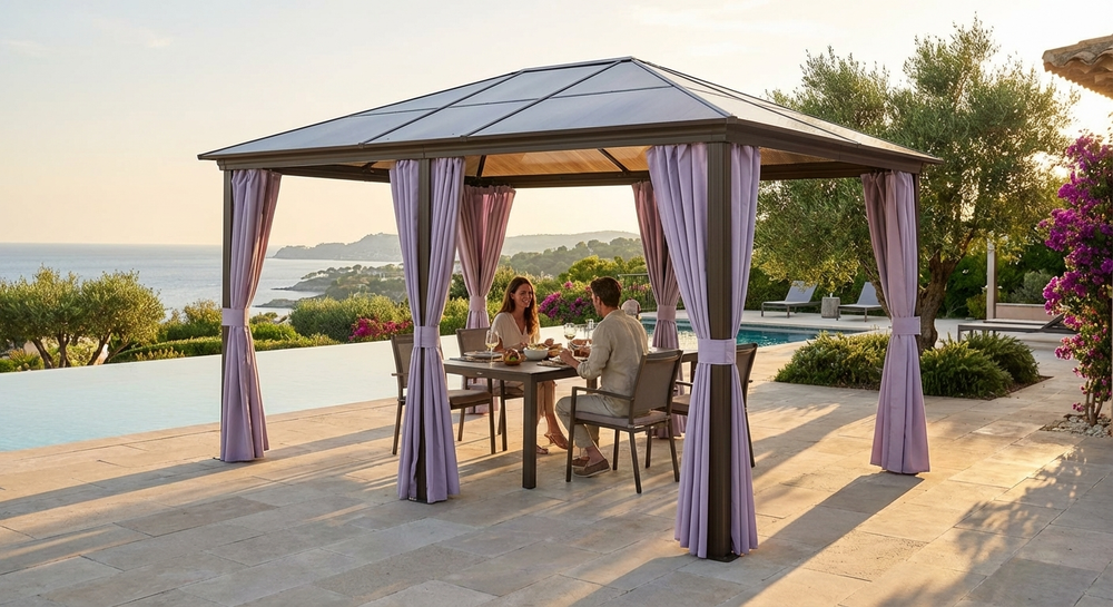 3x4m brown gazebo with aluminium frame and polycarbonate roof - product detail