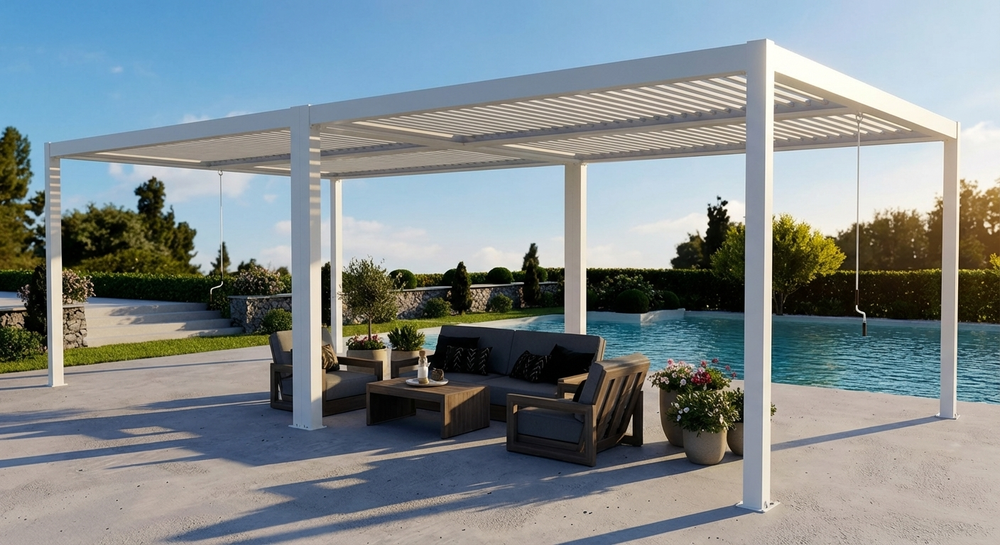 Sleek white bioclimatic pergola gazebo in aluminium for outdoor use - product detail