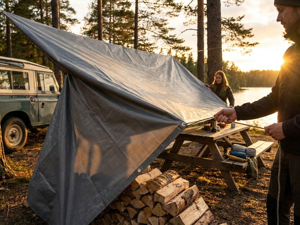 Heavy duty grey PVC tarpaulin for outdoor use - product detail