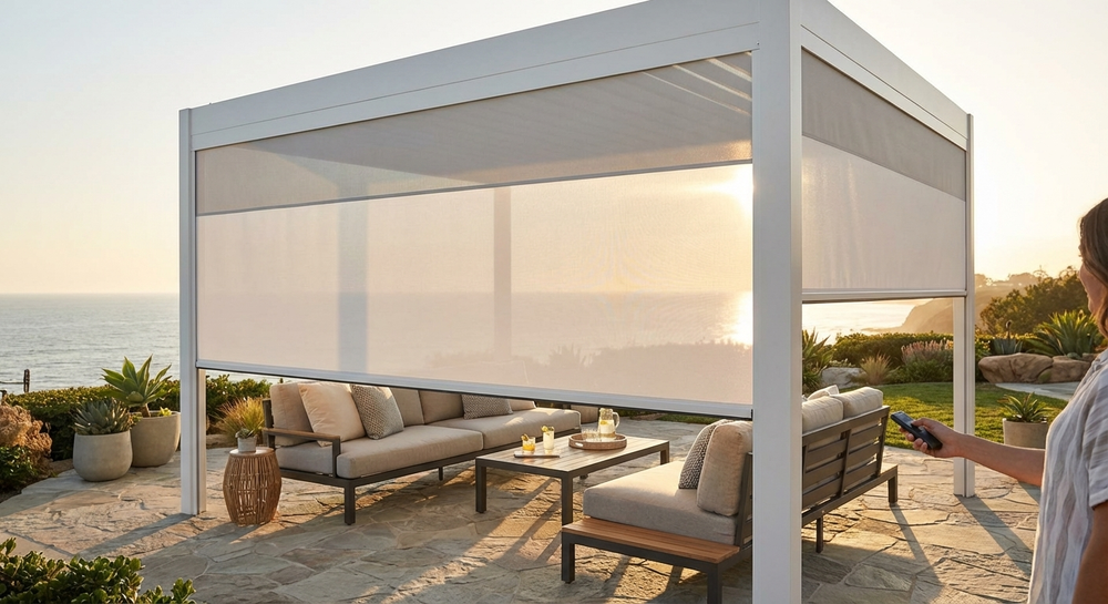 Electric sidewall screen for pergola in white and light grey - view 3