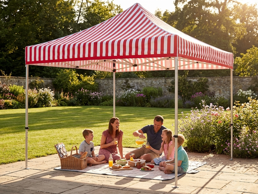 Pop up gazebo in white and red with aluminium frame for outdoor events