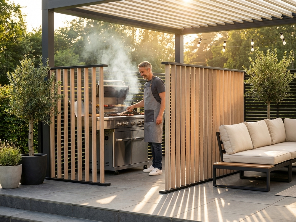 Fence set for BBQ pergola in black and wood finish, made from durable aluminium and plastic - view 3