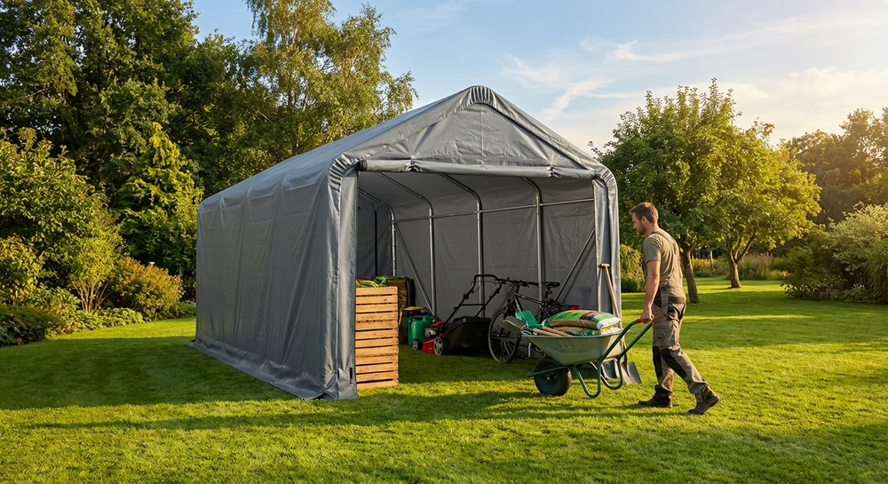 PVC storage shelter in grey with galvanised steel frame for industrial use - product detail