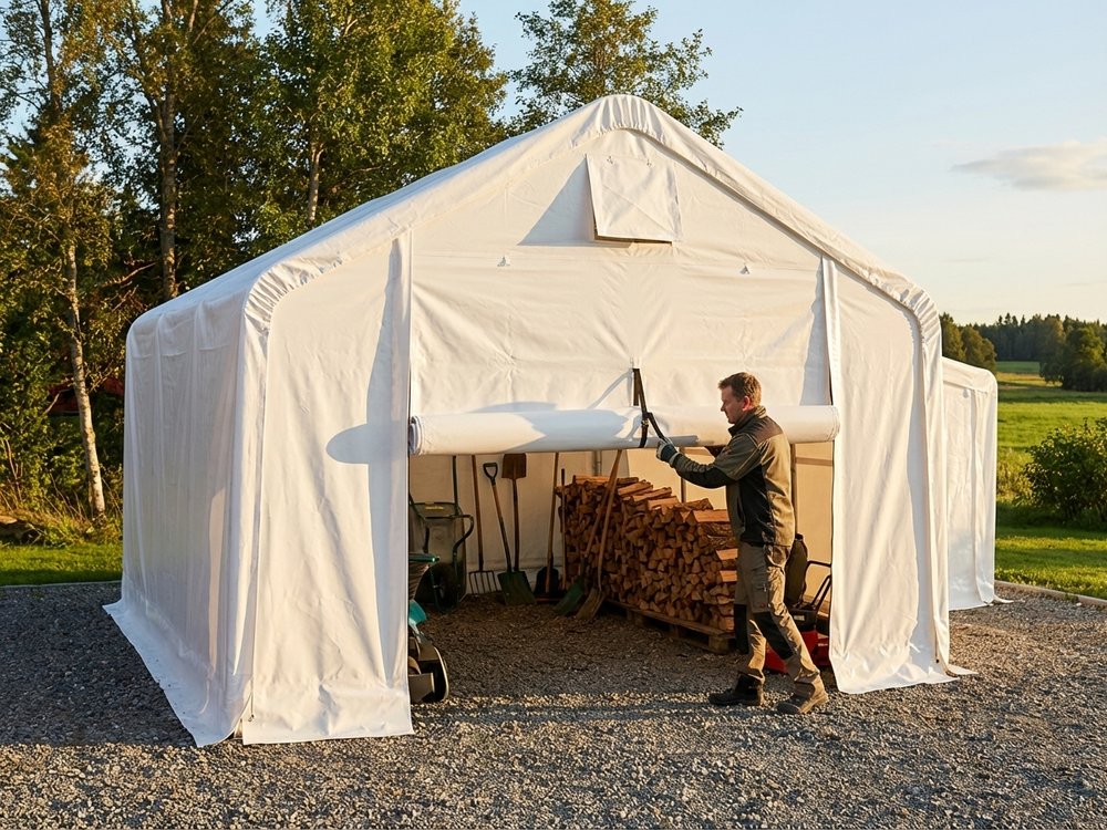 White PVC end wall and door for storage shelter