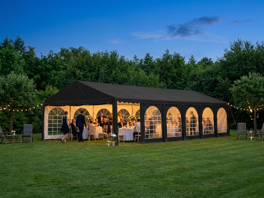 Black 6x12 m marquee with PVC roof and steel frame for events