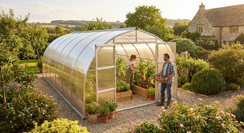 Silver greenhouse with polycarbonate panels, suitable for domestic use - product detail