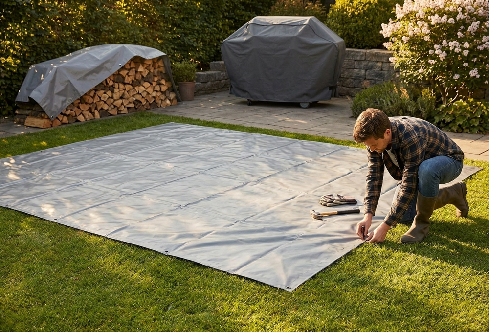 Grey PVC tarpaulin 2.8x5.2 m used as ground cover - view 3