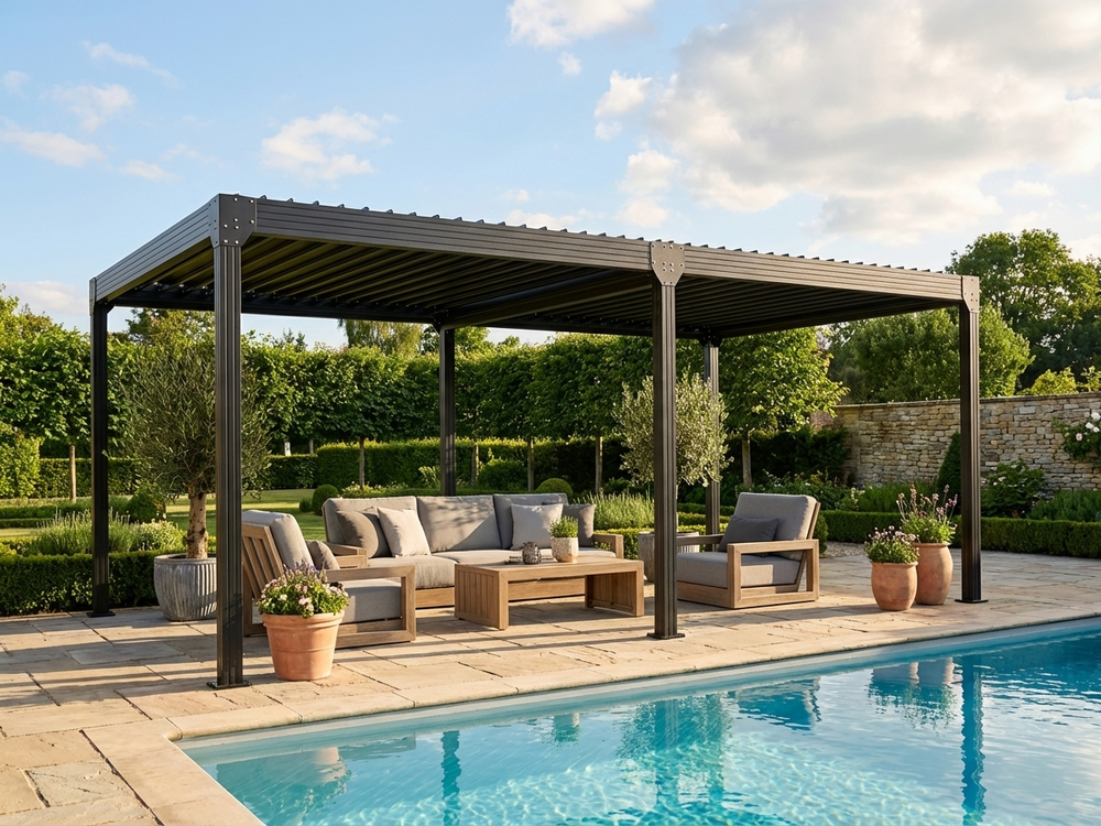 Bioclimatic pergola gazebo 4x8m in black, ideal for outdoor use