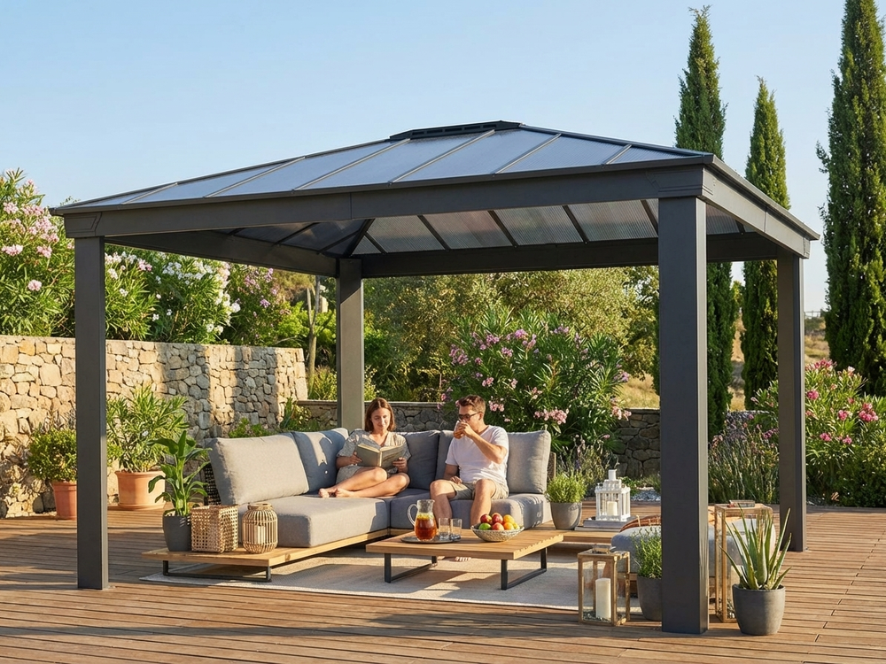 Anthracite gazebo with polycarbonate roof for outdoor use