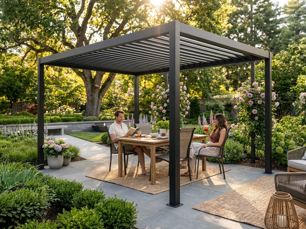 Bioclimatic pergola gazebo in black, 3x3 m outdoor steel - view 3