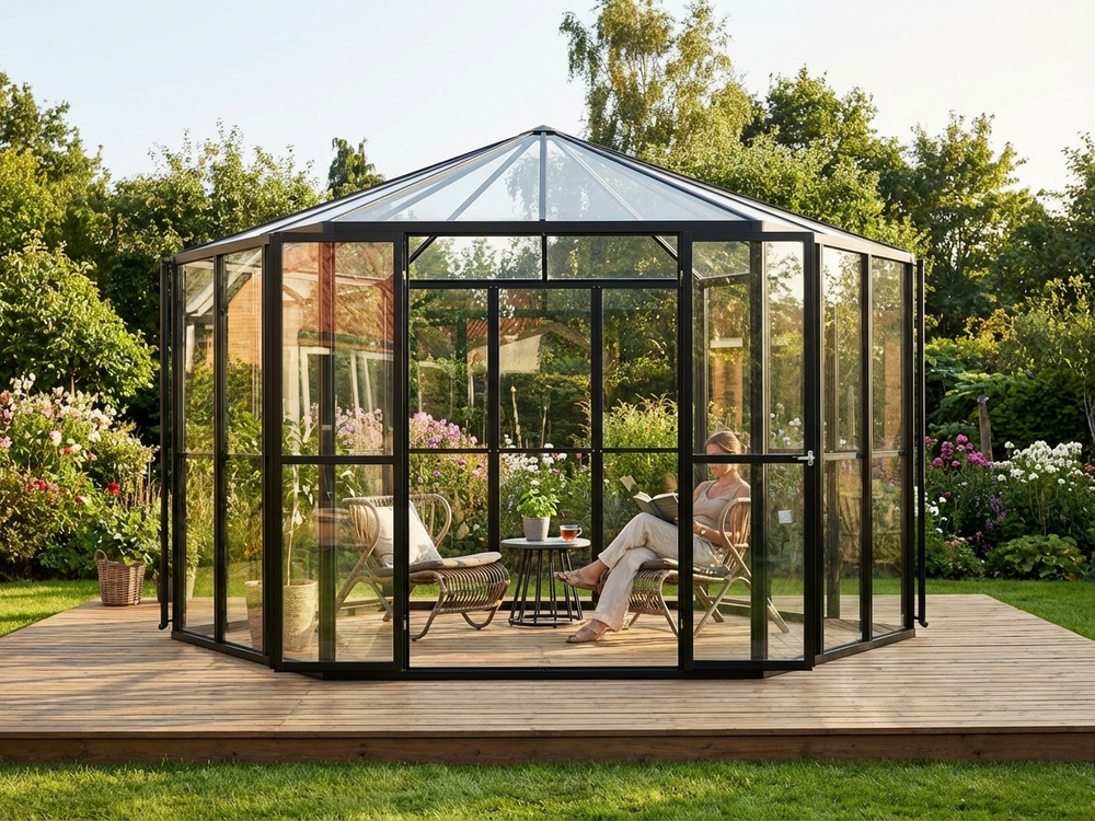 Hexagonal glass orangery with black frame - view 3