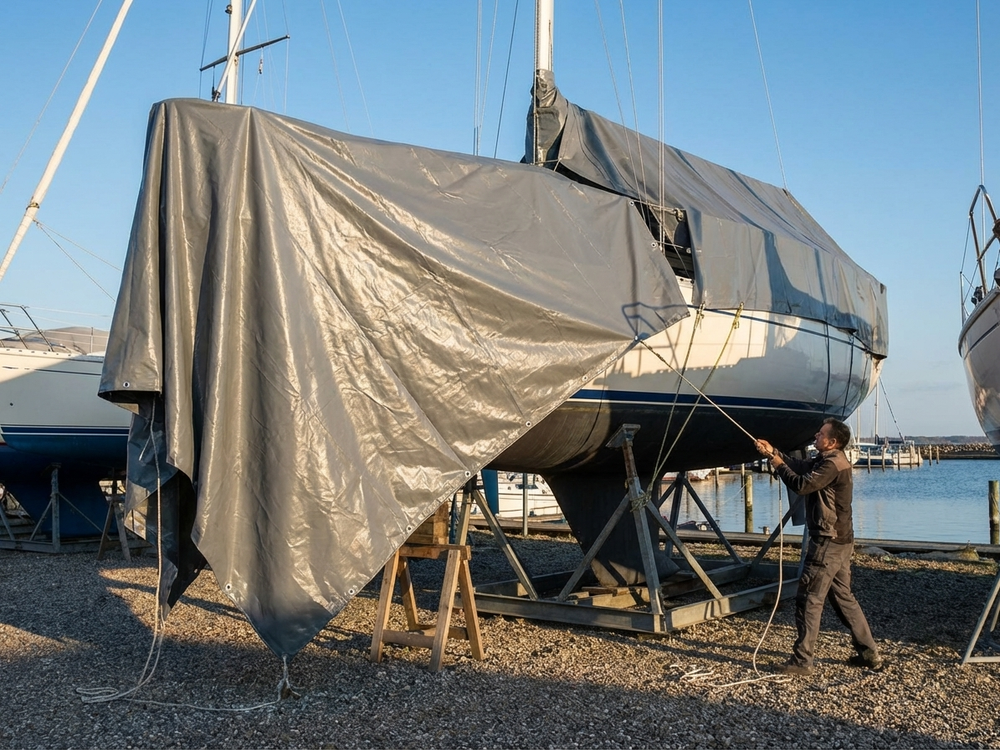 Heavy duty grey PVC tarpaulin for outdoor use