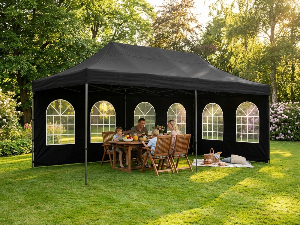 Black pop-up gazebo with steel frame for outdoor use - product detail