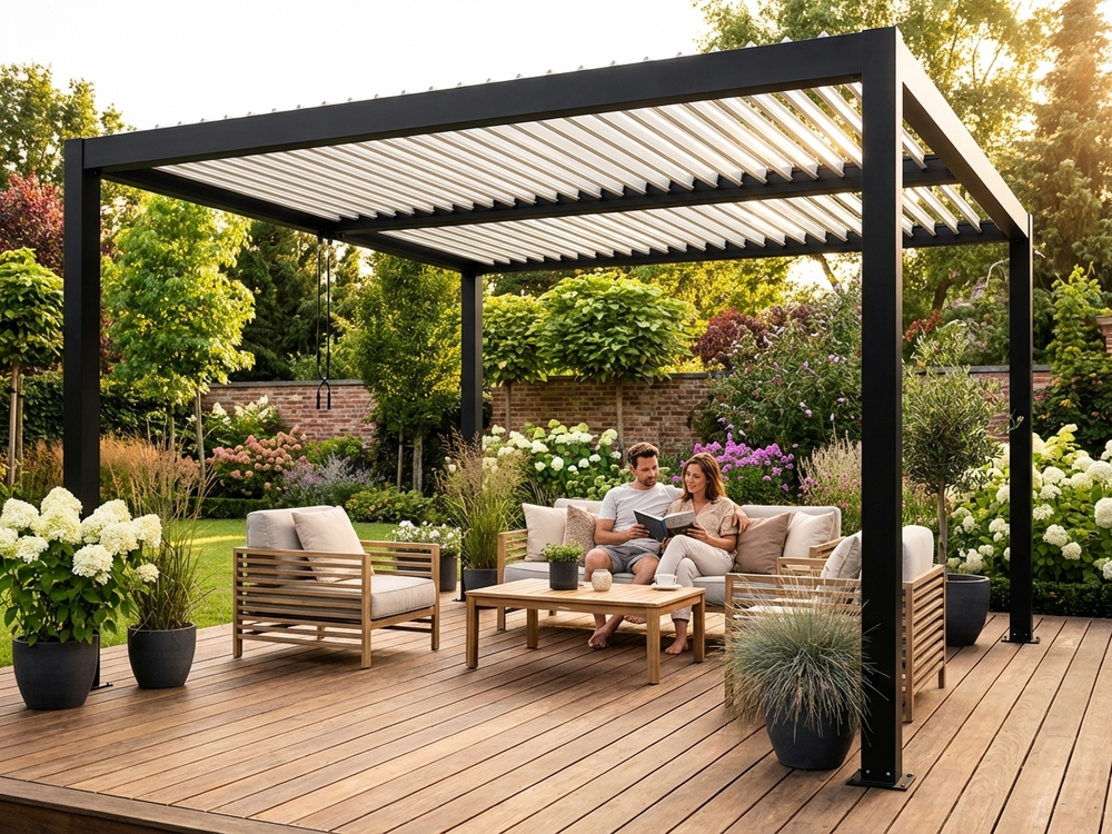 Bioclimatic pergola gazebo in black and white, 4x4 m, aluminium construction - product detail