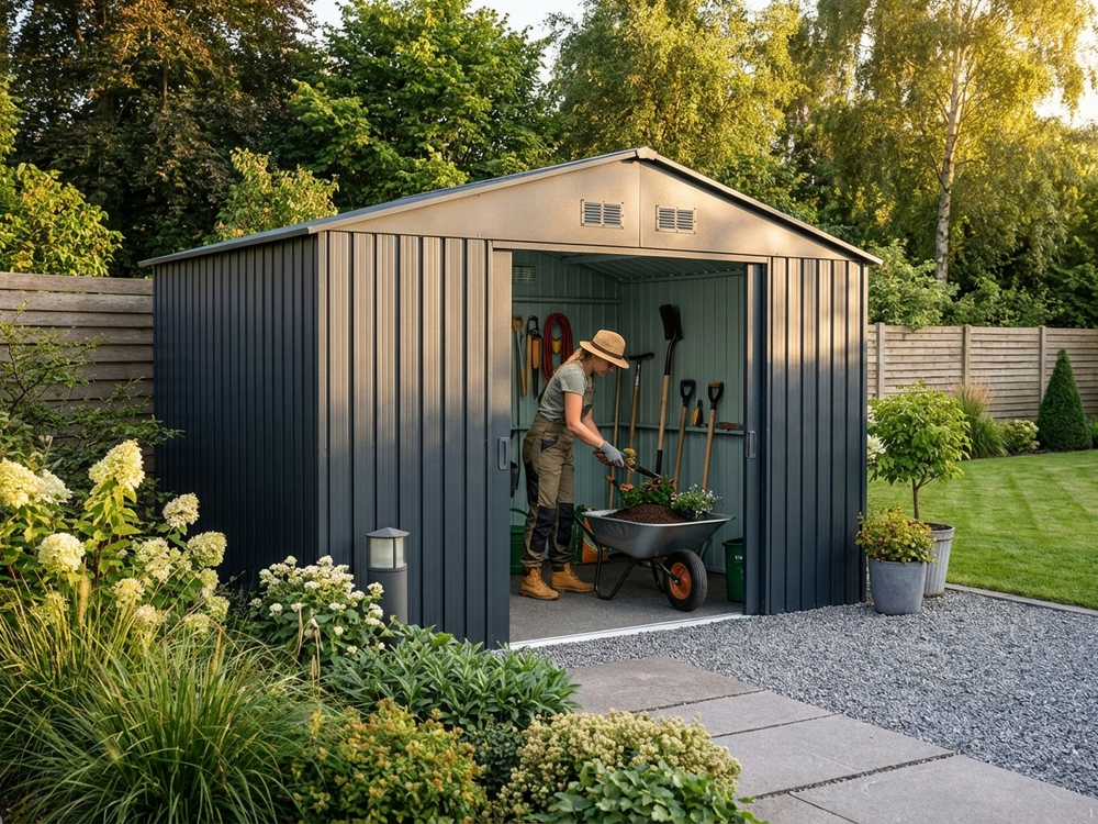 Anthracite galvanised steel garden shed for outdoor storage - product detail