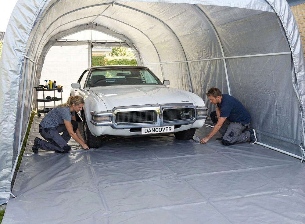 Grey PVC Tarpaulin 3.8x6.1m used as ground cover