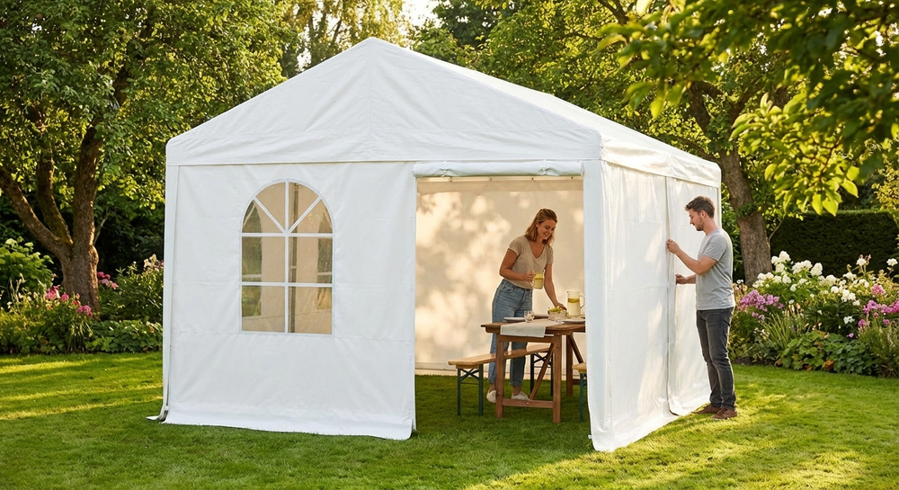 White PVC tent extension with galvanised steel frame for outdoor events - view 3