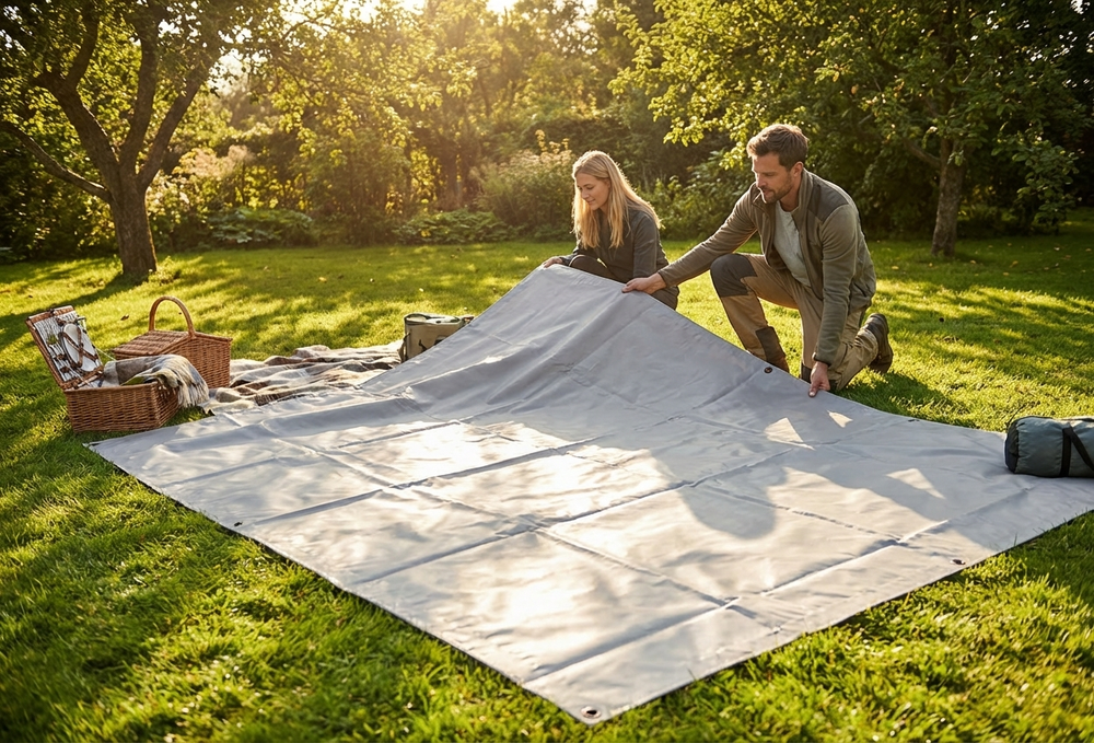 Grey PVC tarpaulin for ground cover, dimensions 2.6x6.1m - product detail