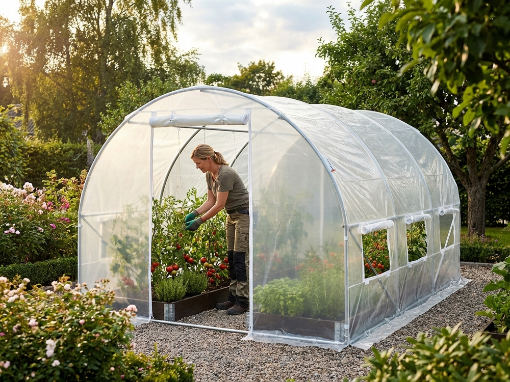 Transparent polytunnel greenhouse with galvanised steel frame - view 3