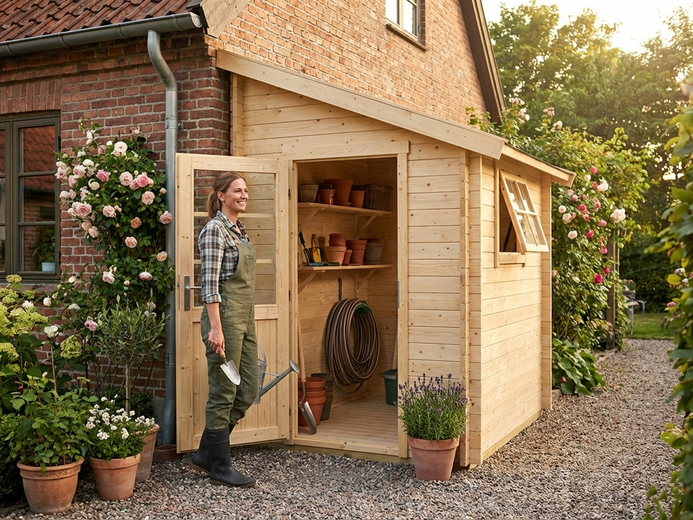 Wooden lean-to shed made of Nordic Spruce in natural color - view 3