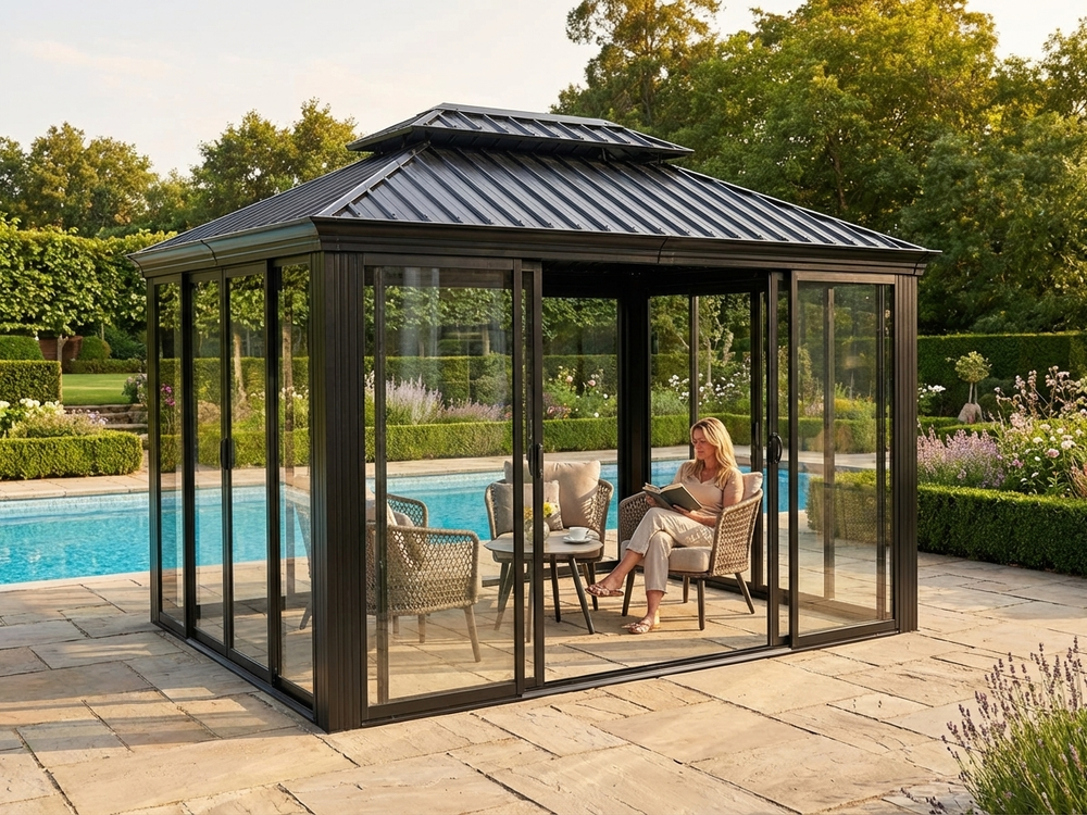 Black aluminium gazebo with galvanised steel roof - product detail