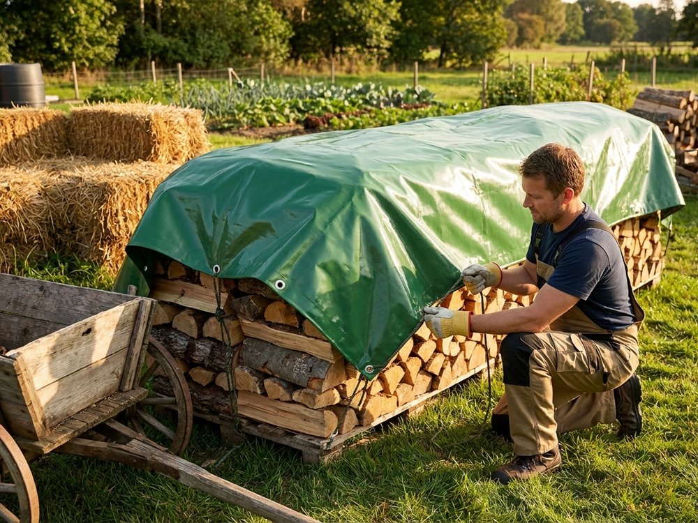 Green PVC tarpaulin 6x14m outdoor cover