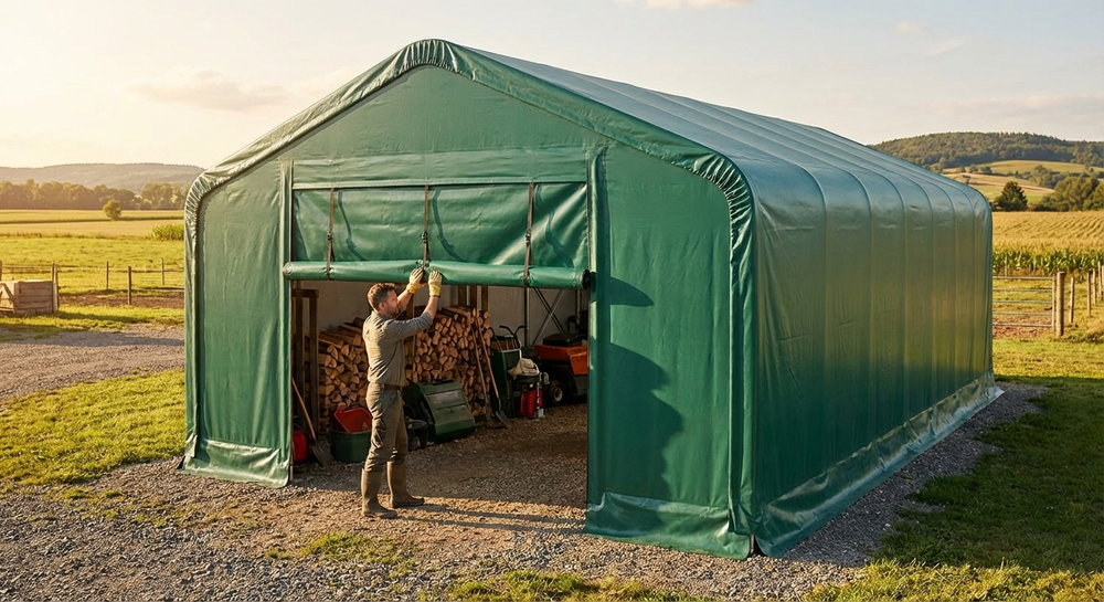 Green PVC storage shelter end wall for 4x10m and 4x12m - view 3