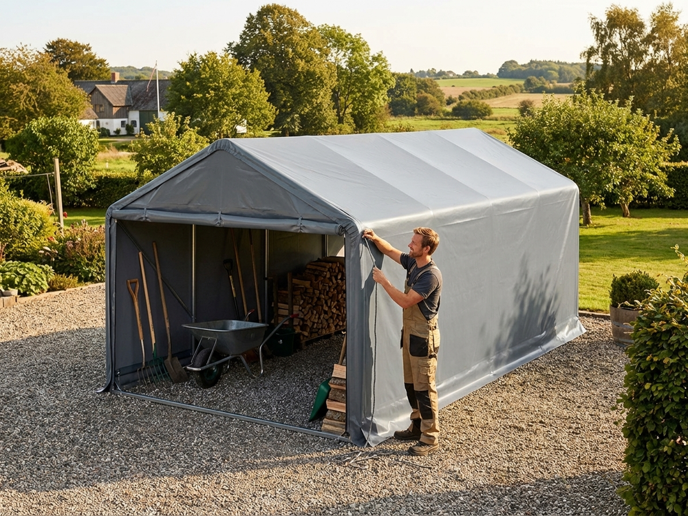 Grey PVC roof cover for 5x8m storage shelter - view 3