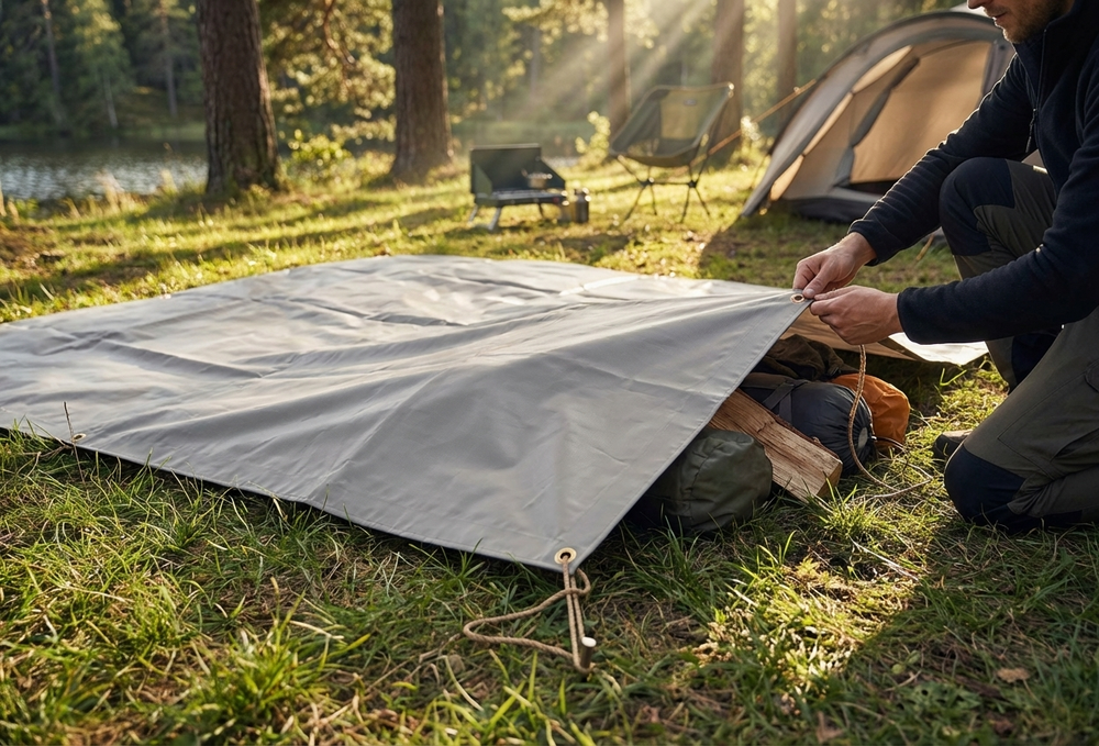 Grey PVC tarpaulin 2.8x5.2 m used as ground cover - product detail