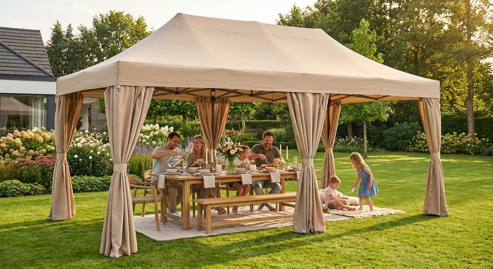 Pop up gazebo with steel frame in latte colour for outdoor events