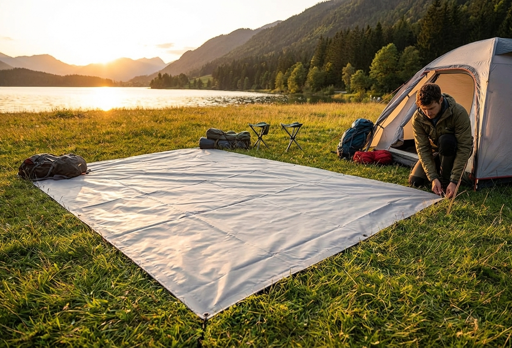 Grey PVC tarpaulin for ground cover, dimensions 2.6x6.1m