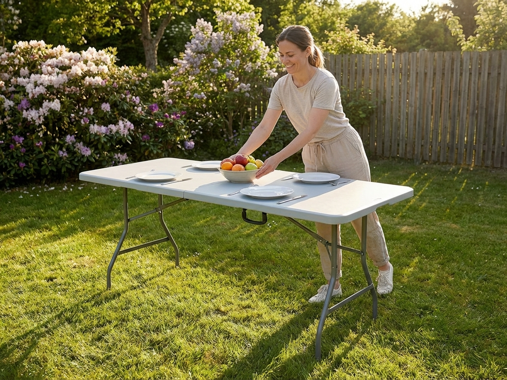 Folding table in light grey, durable HDPE and steel, 180x74 cm - product detail
