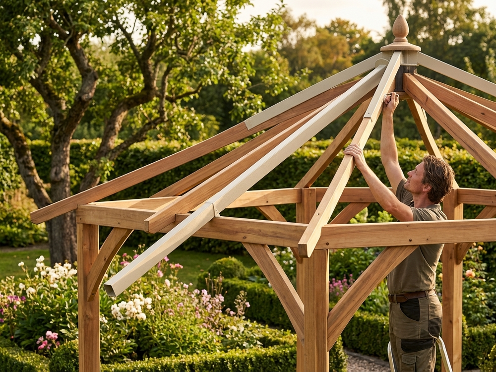 Extended roof pole top in silver, designed for pagoda use